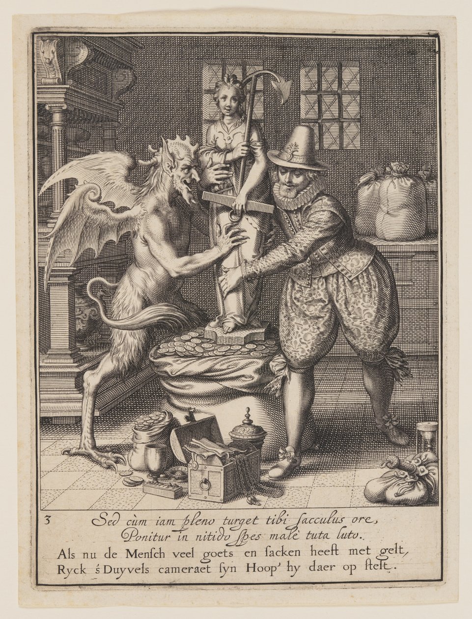 Egy ember és az ördög, aki egy zsákot tölt pénzzel és felállít egy Remény-szobrot, a Világi javakkal való visszaélés allegóriájából. alkotó: Willem van Swanenburgh