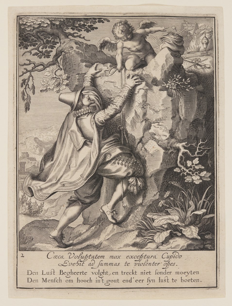Egy fiatalember megmászik egy hegyoldalt Ámor segítségével, a Világi javakkal való visszaélés allegóriájából alkotó: Willem van Swanenburgh