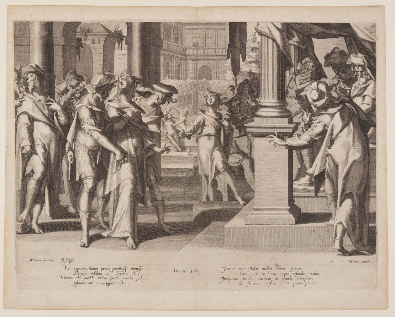 Susanna Dániel előtt, 3. tábla az Igazságosság trónjai (Thronus Iustitiae) című kötetből. alkotó: Willem van Swanenburgh