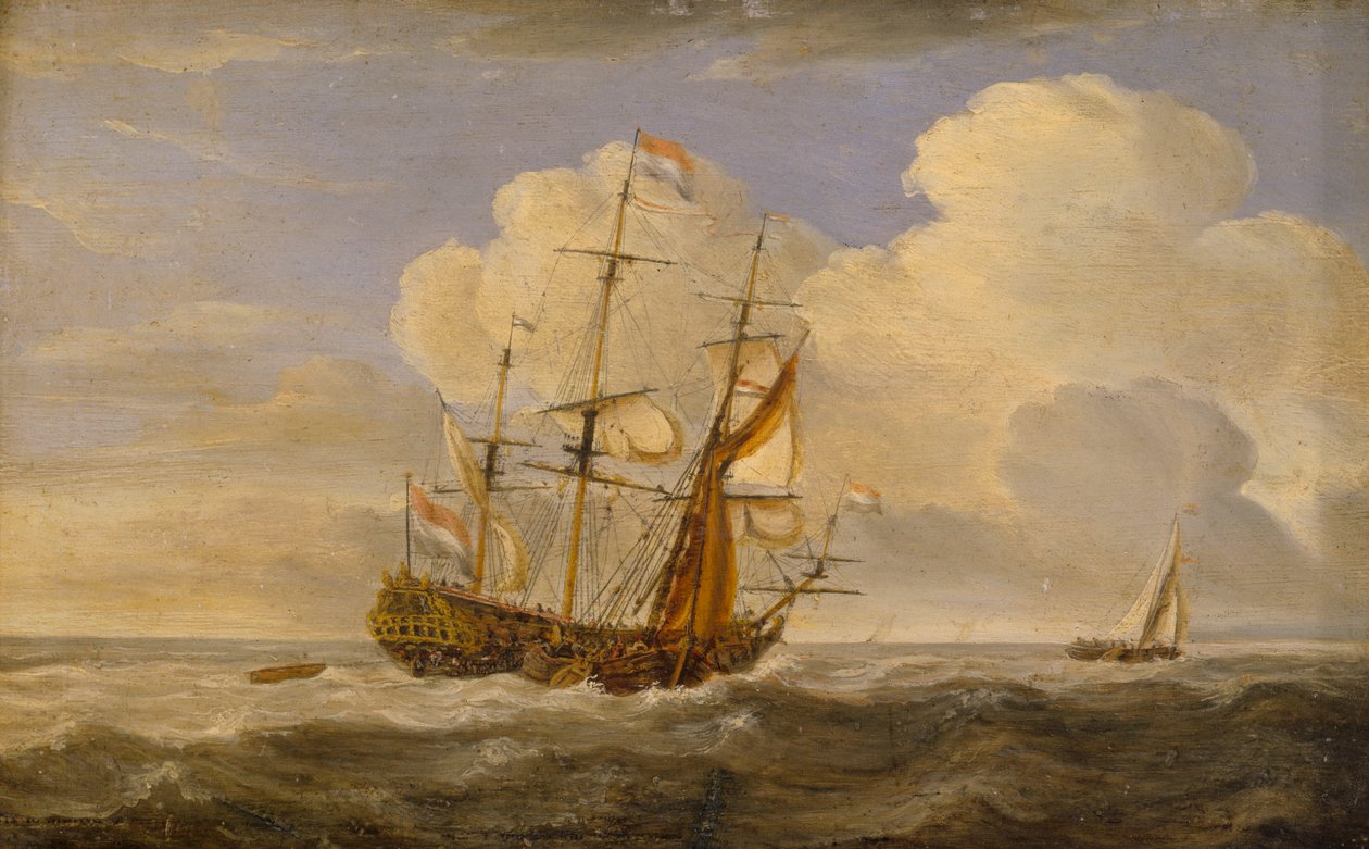 Holland zászlóshajó a szél előtt, 17. század vége-18. század eleje (olaj, panel) alkotó: Willem van de II (follower of) Velde