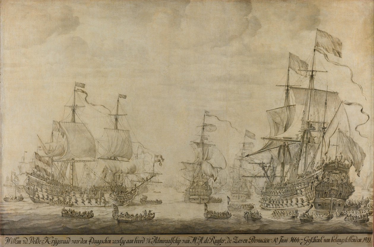 Haditanács a hét tartomány fedélzetén, Michiel Adriaensz de Ruyter zászlóshajóján, 1666. június 10-én, a négynapos csatát megelőzően: epizód a második angol-holland háborúból alkotó: Willem van de Velde (I)