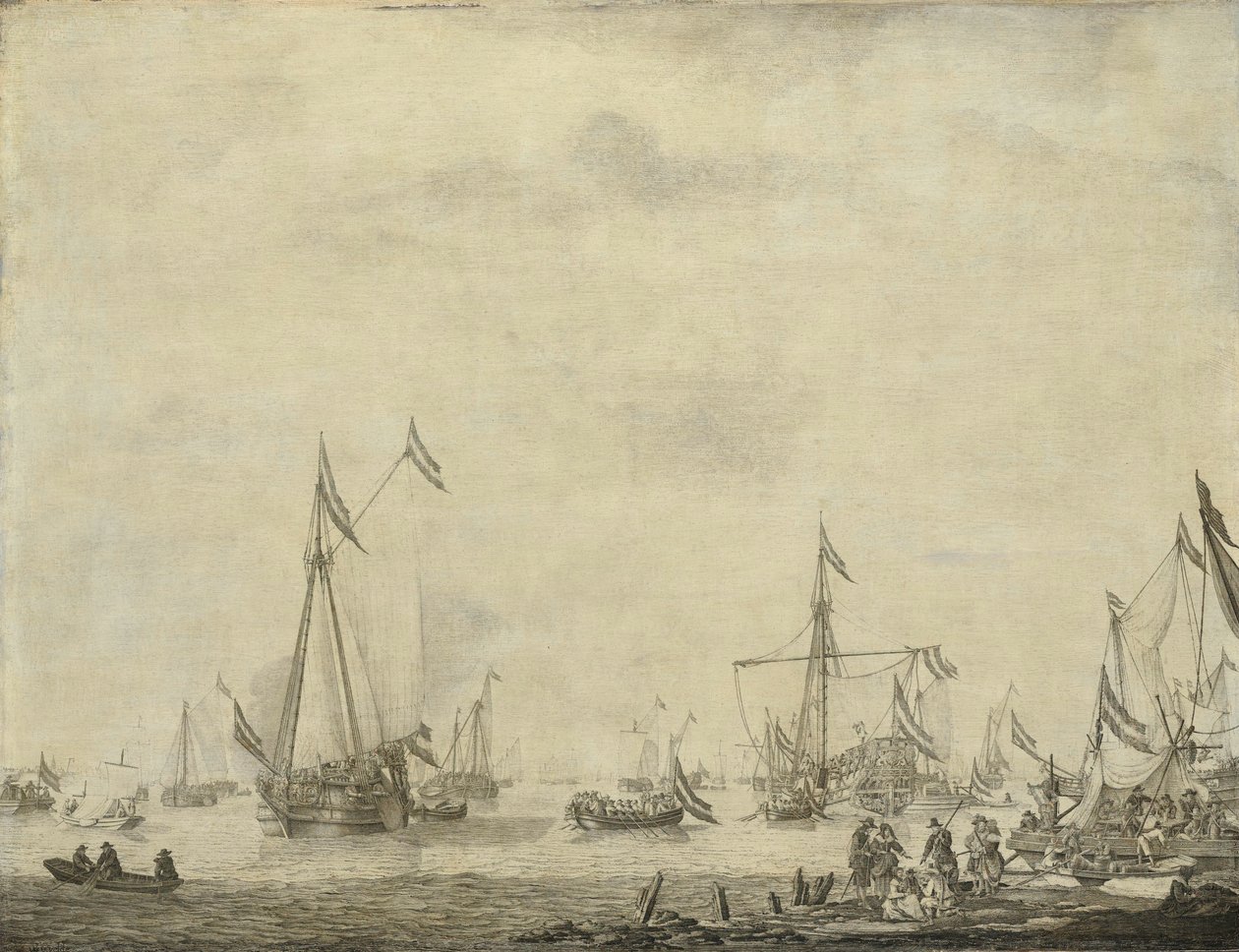 Királyi jacht és állami jachtvitorla Moerdijkből II. Károly angol királlyal a fedélzetén, 1660 alkotó: Willem van de Velde (I)