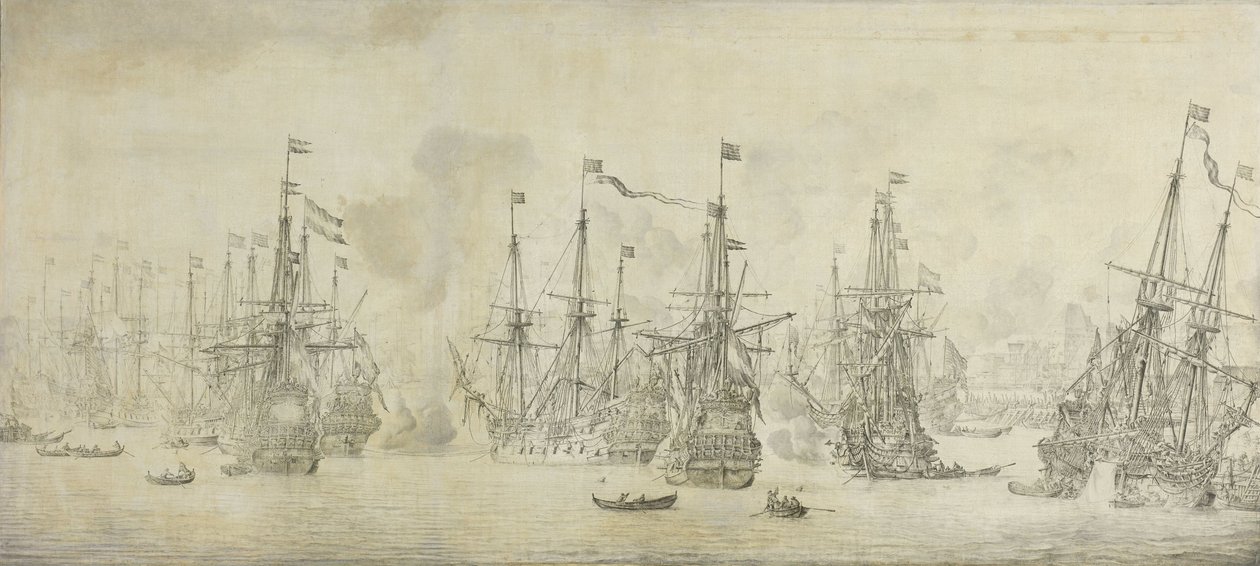 Az angolok sikertelen támadása a visszatérő flotta ellen Bergen kikötőjében, Norvégiában, 1665. augusztus 12.: egy epizód a második angol-holland háborúból alkotó: Willem van de Velde (I)