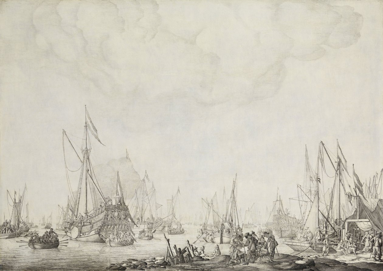 A királyi és állami jachtok, valószínűleg II. Károly angliai érkezése Moerdijkbe, 1660 alkotó: Willem van de Velde (I)