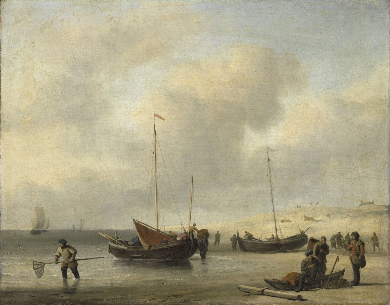 Horgászcsónakok a parton (The Shore, horgászcsónak kirakása) alkotó: Willem van de Velde (II)