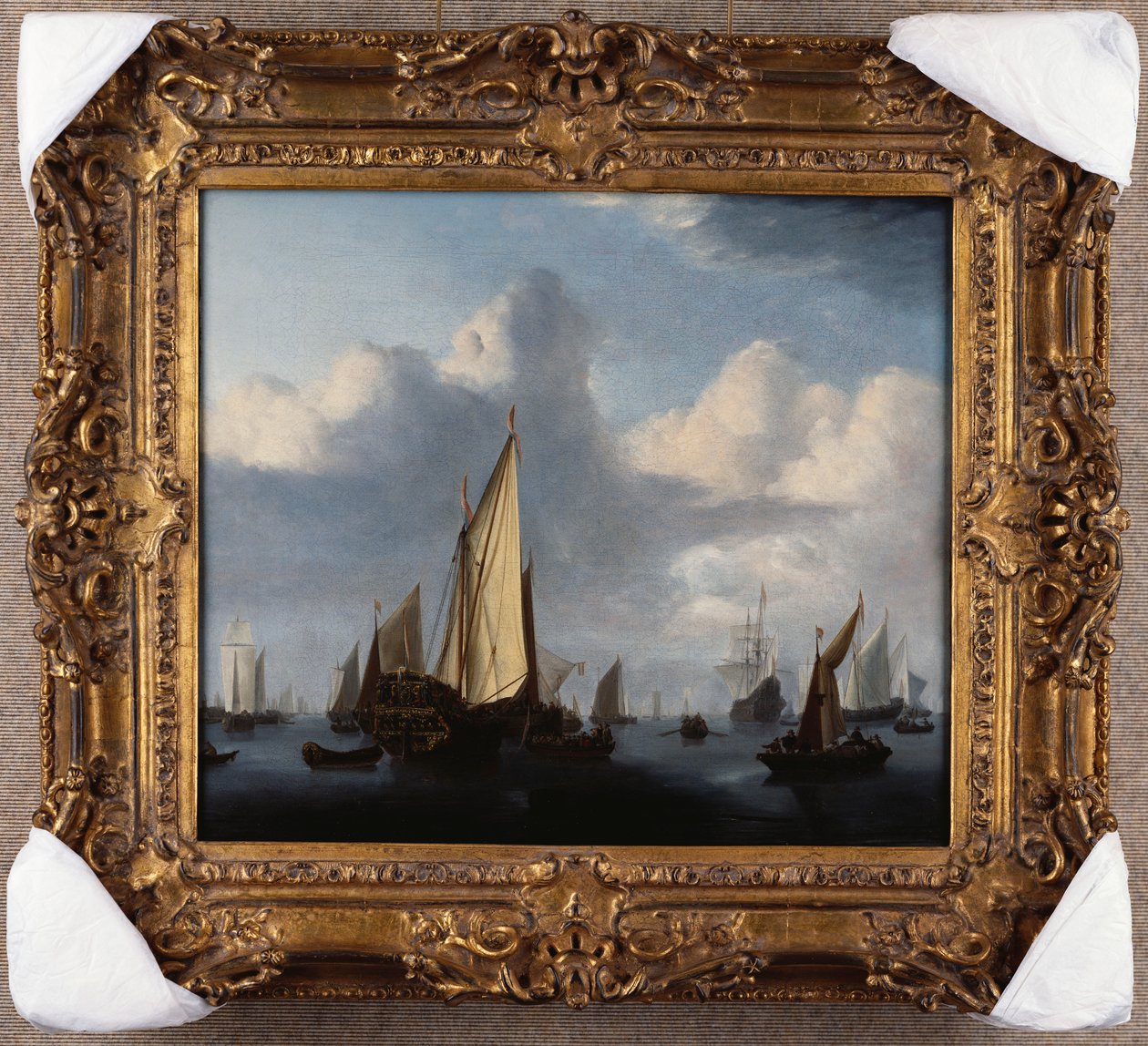 Tengeri táj egy állam jachtjával és más hajózásokkal nyugodtan, 1654 alkotó: Willem van de Velde