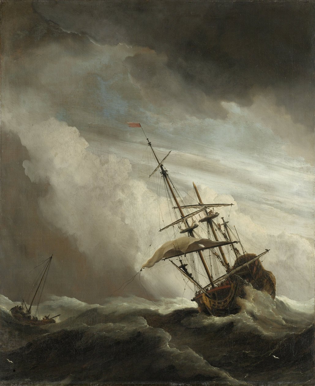Egy hajó a nyílt tengeren, amelyet széllökés néven elkapott a széllökés, 1680 alkotó: Willem van de Velde