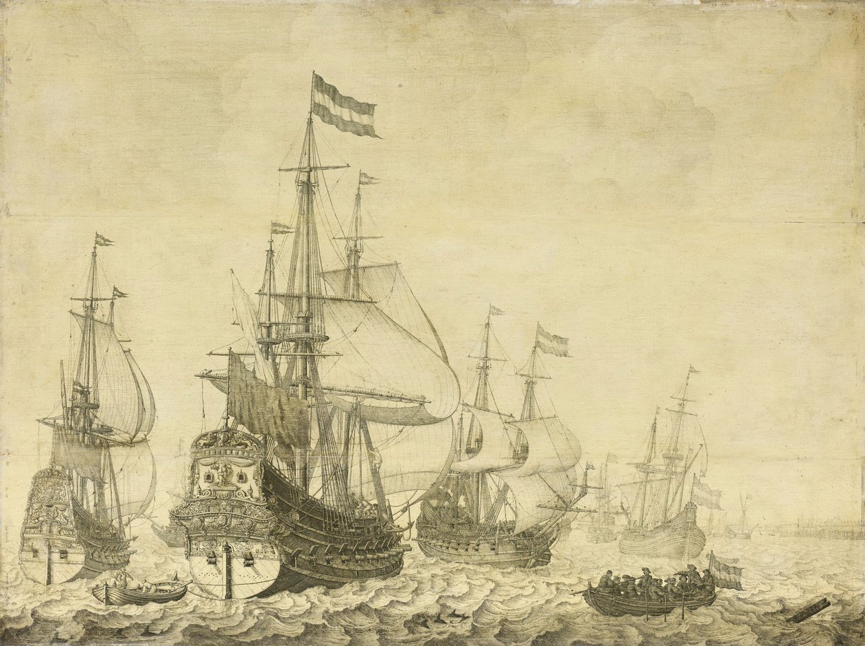 Tengeri táj holland háborús férfiakkal, beleértve a Drenthét és Frederick-Henry herceget, 1670 körül (festmény a táblán) alkotó: Willem van de Velde