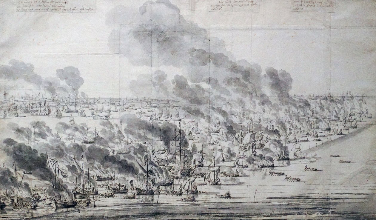 Robert Holmes felgyújtotta a holland flottát Terschellingben alkotó: Willem van de Velde the Elder