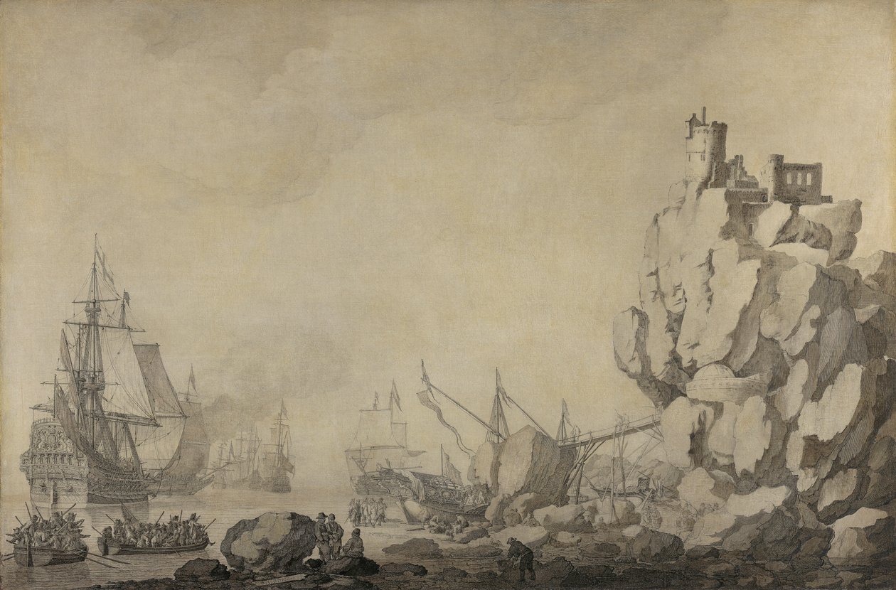 Hajók és milícia egy sziklás parton alkotó: Willem van de Velde the Elder