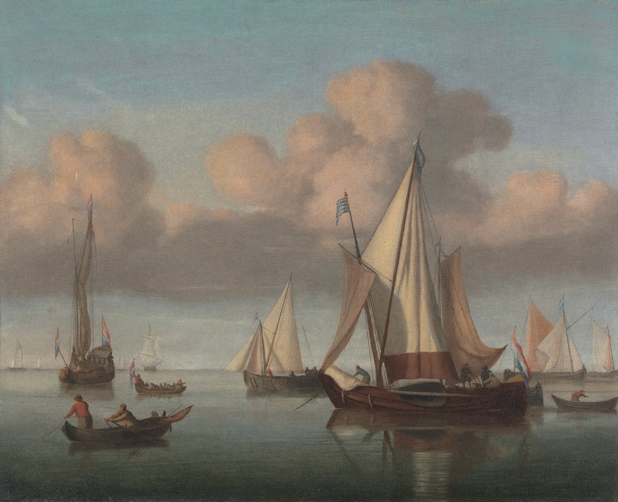 Egy Kaag horgonyban felvont vitorlákkal és egy állami jachttal és más hajókkal alkotó: Willem van de Velde the Younger