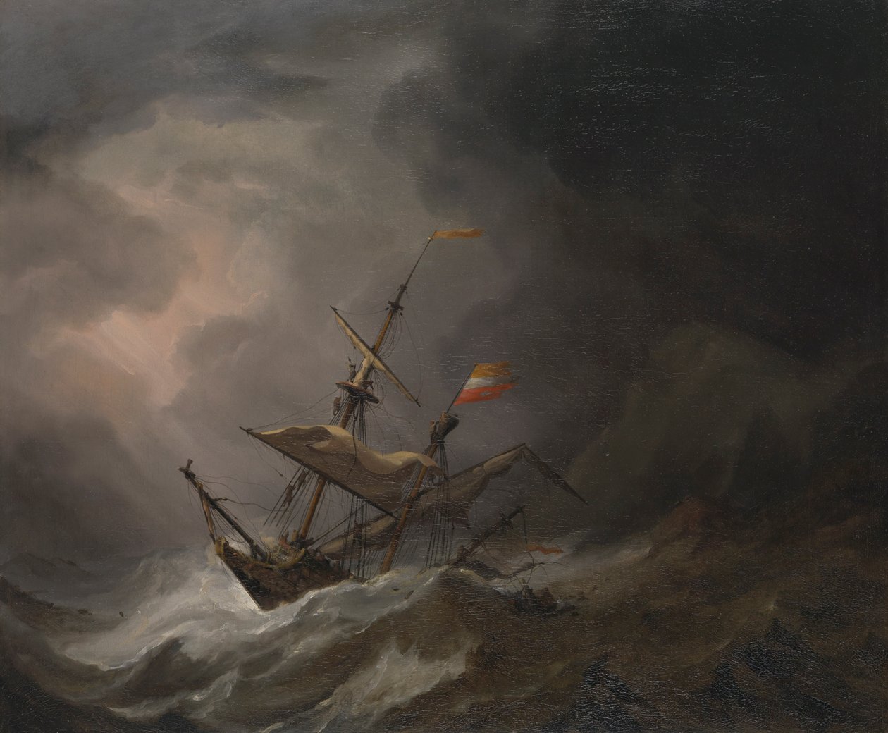 Egy mediterrán brigantin viharban a sziklás partra sodródik, 1700 körül (olaj, vászon) alkotó: Willem van de Velde the Younger