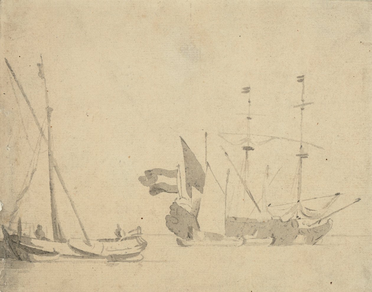 Hajó a mólónál és egy holland hajó a horgonynál, 1665 körül (szürke mosás) alkotó: Willem van de Velde the Younger