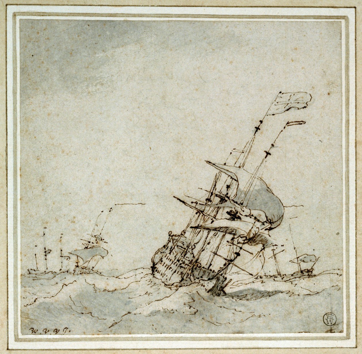 Egy zászlóshajó (zászlótartó), amely a vihar elől menekülve száguld. Az ifjabb Willem van de Velde (1633-1707) rajza, 1700 körül készült. alkotó: Willem van de Velde the Younger
