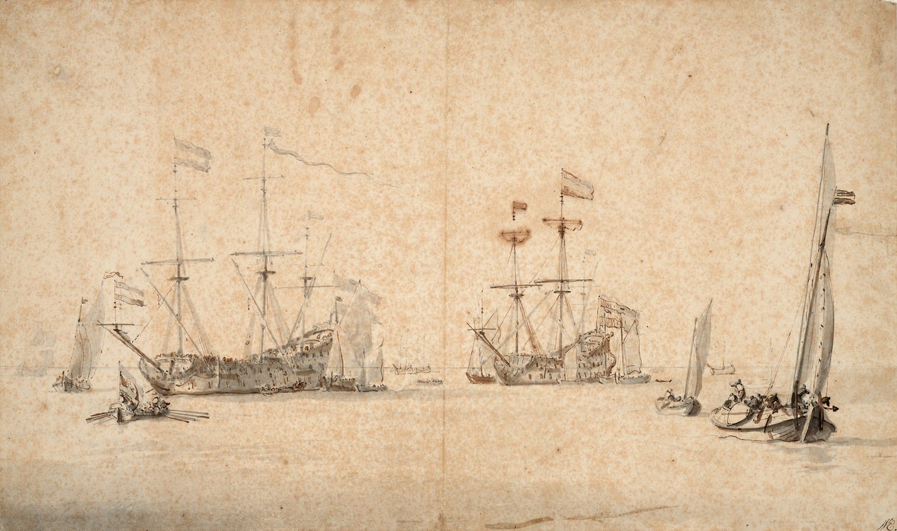 Szabadon futó kaag és két holland zászlóshajó horgonyon, 1665 körül (toll, barna tinta, szürke tus) alkotó: Willem van de Velde the Younger