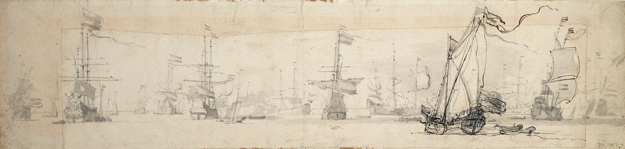 Állami jacht vitorla alatt és hajók horgonyon, 1665 körül (grafit, szürke mosás) alkotó: Willem van de Velde the Younger
