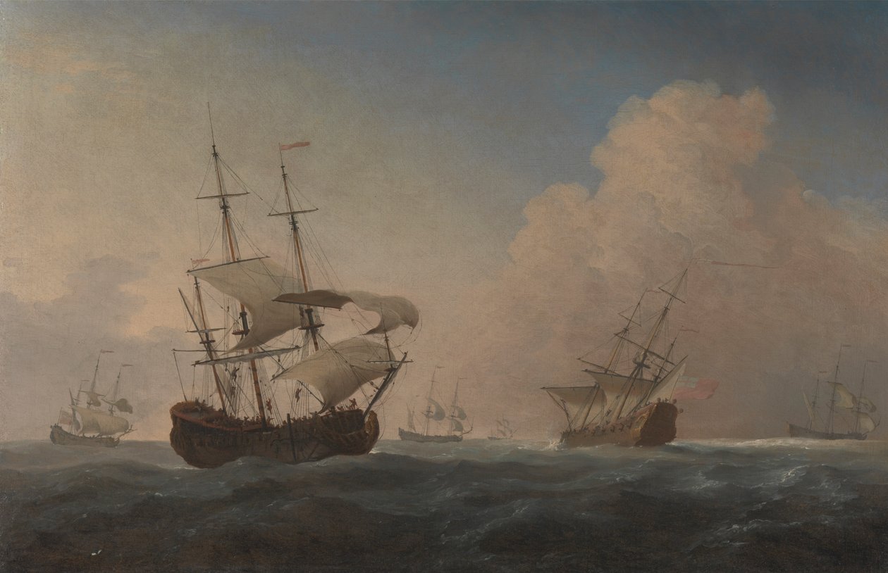 Angol hadihajók dőlnek a szélben a tengeren alkotó: Willem van de Velde the Younger