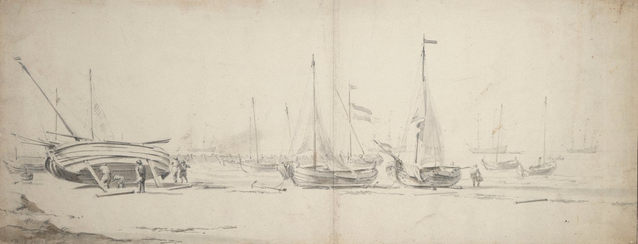 Cinkék és weyshuiták partra vontatva, 1665 körül (grafit, szürke, barna mosás) alkotó: Willem van de Velde the Younger