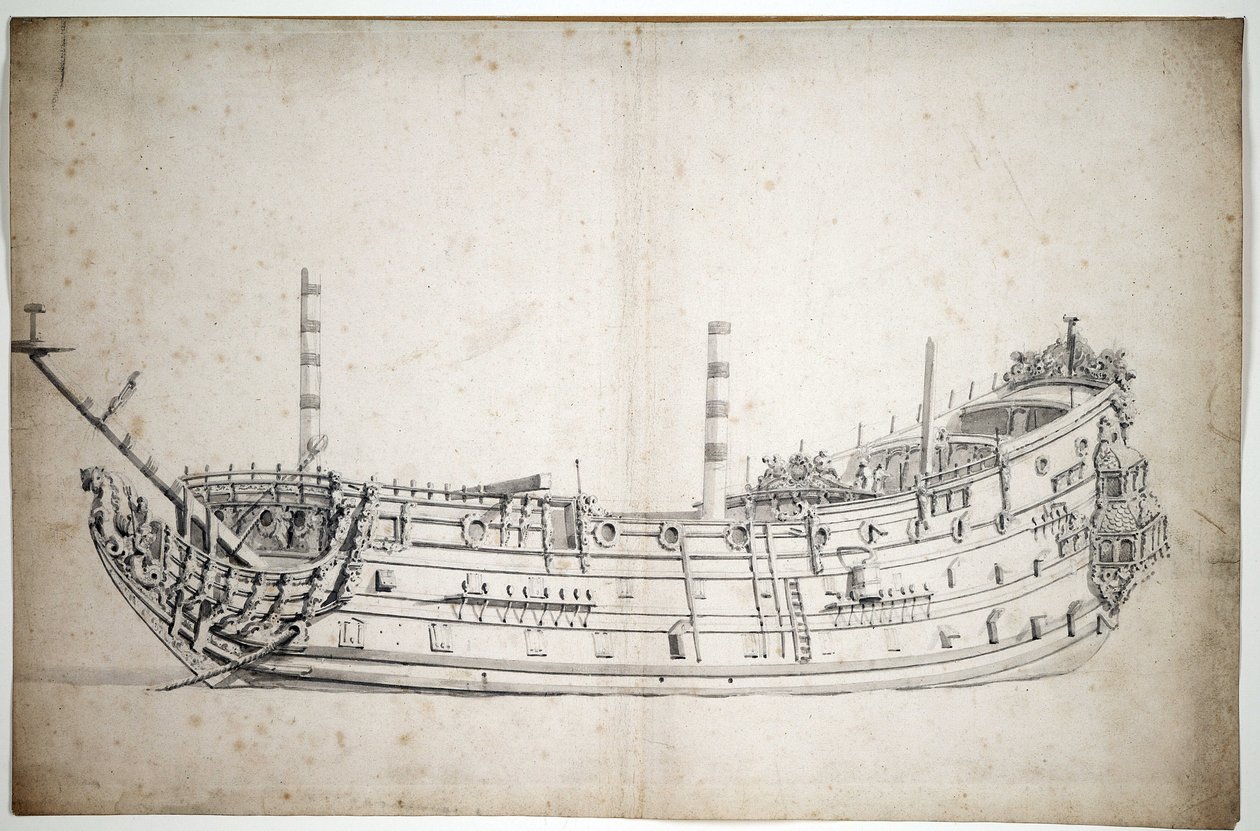 A "Triumph" (vagy "Szent György") hajó portréja, 70 ágyú, 1623-ban épült, Neptunuszt és két csikóhalat ábrázoló főalakkal, három teljes fedélzettel. alkotó: Willem van de Velde the Younger