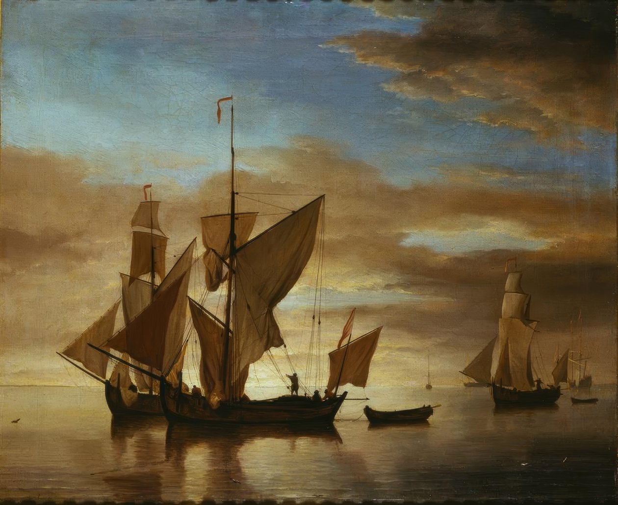 Nyugodt tengeren hajózik az esti fényben alkotó: Willem van de Velde the Younger