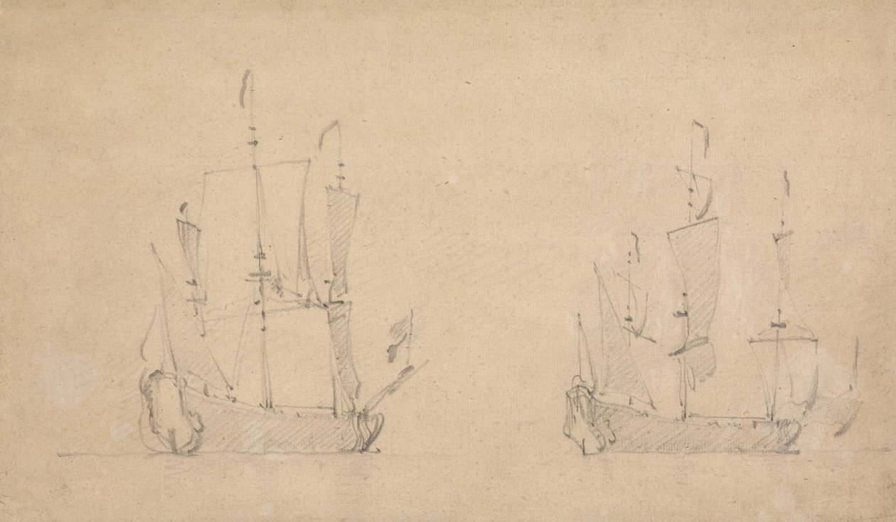 Egy zászlóshajó jobb oldali negyede világos levegőben és hasonló nézet egy másikra alkotó: Willem van de Velde the Younger