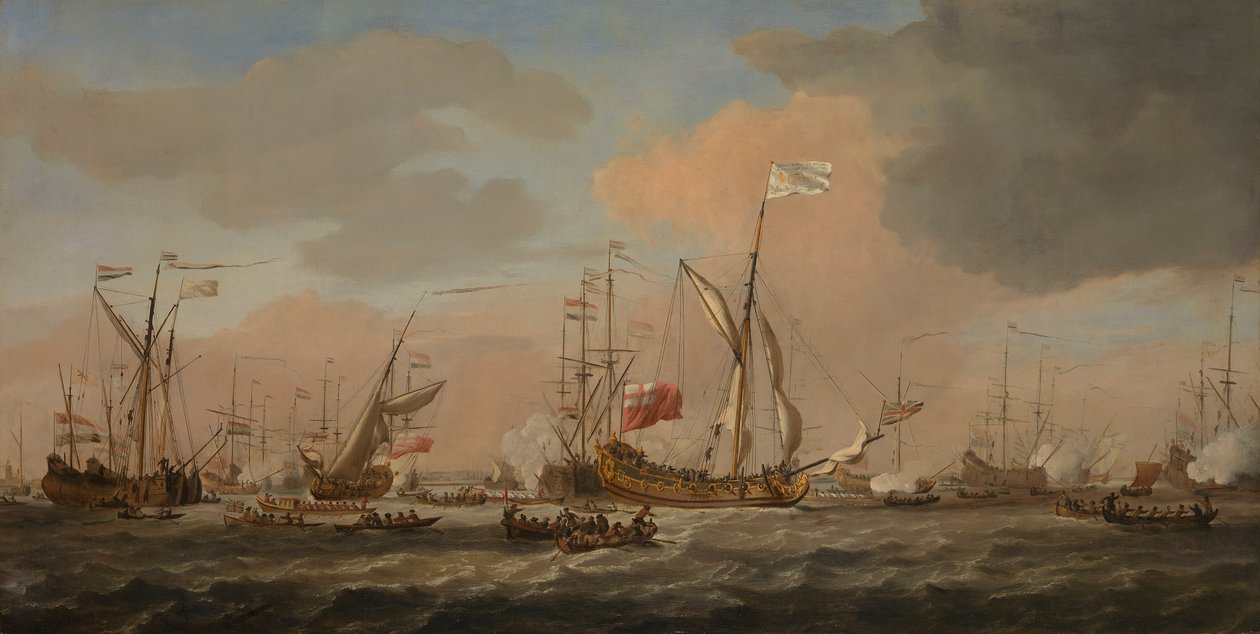 A "Mary" jacht, Mária hercegnővel Gravesendbe érkezik a friss szellőben alkotó: Willem van de Velde the Younger