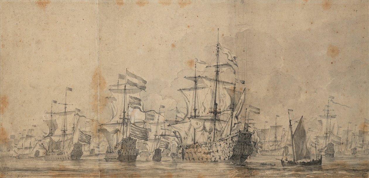 A királyi herceg kapitulációja, 1666. június 3-13., 1666 körül (grafit, szürke mosás) alkotó: Willem van de Velde the Younger