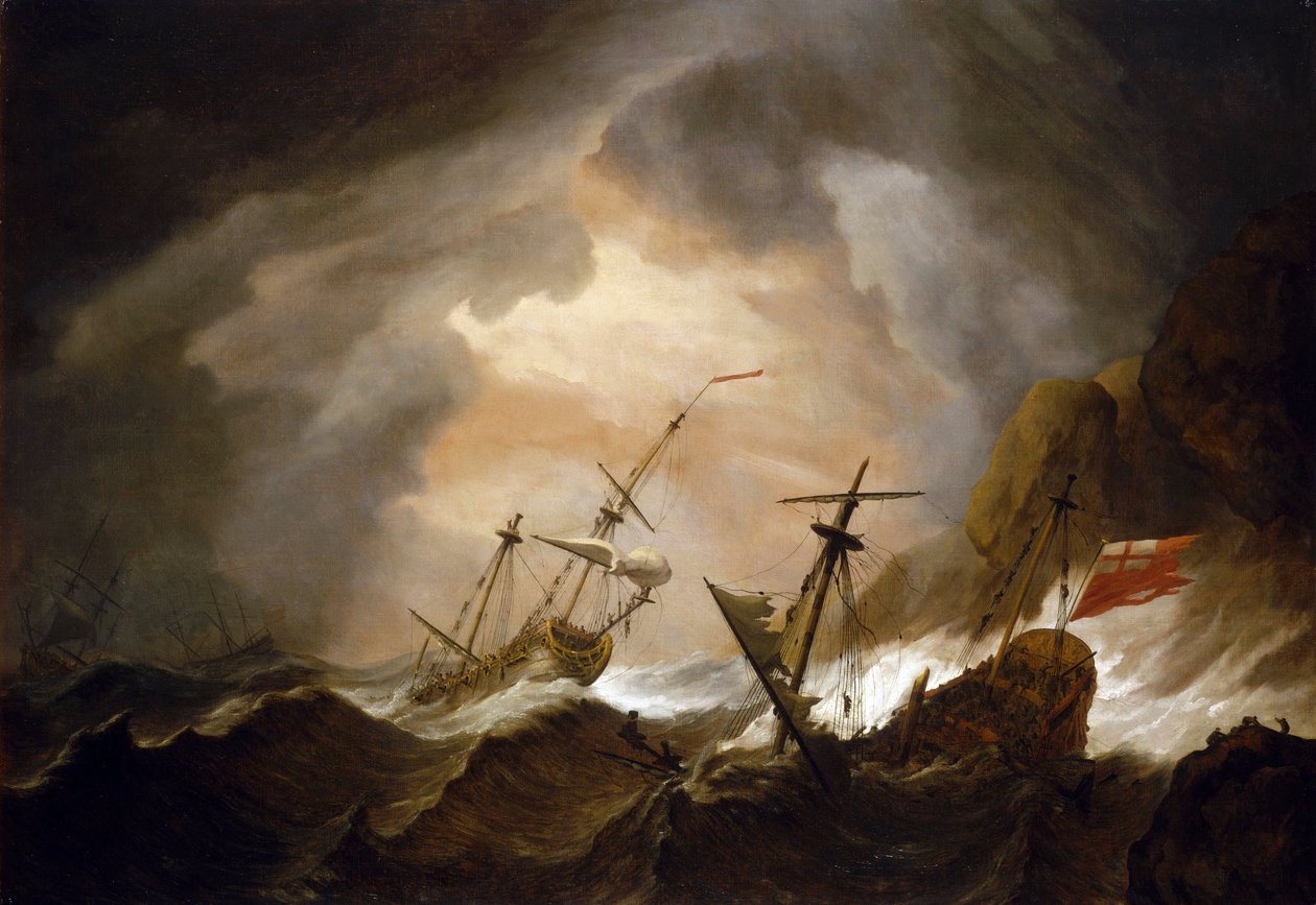 A viharban két brit hajó hajótörést szenved egy sziklás part közelében. Olaj, vászon, 1700 körül, Willem van de Velde (1633-1707) alkotása. alkotó: Willem van de Velde the Younger