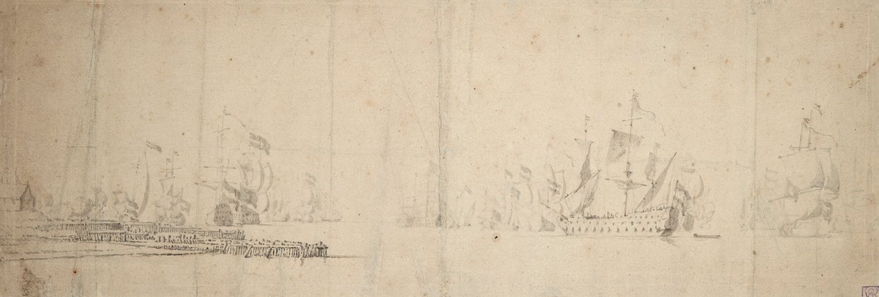 Egy holland flotta elindul a mólóról, 1665 körül (grafit, szürke mosás) alkotó: Willem van de the Elder Velde