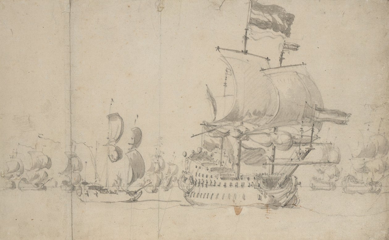Egy holland zászlóshajó egy küldönchajóval a negyedén, 1672. május, 1672 körül (ceruza, mosás) alkotó: Willem van de the Elder Velde