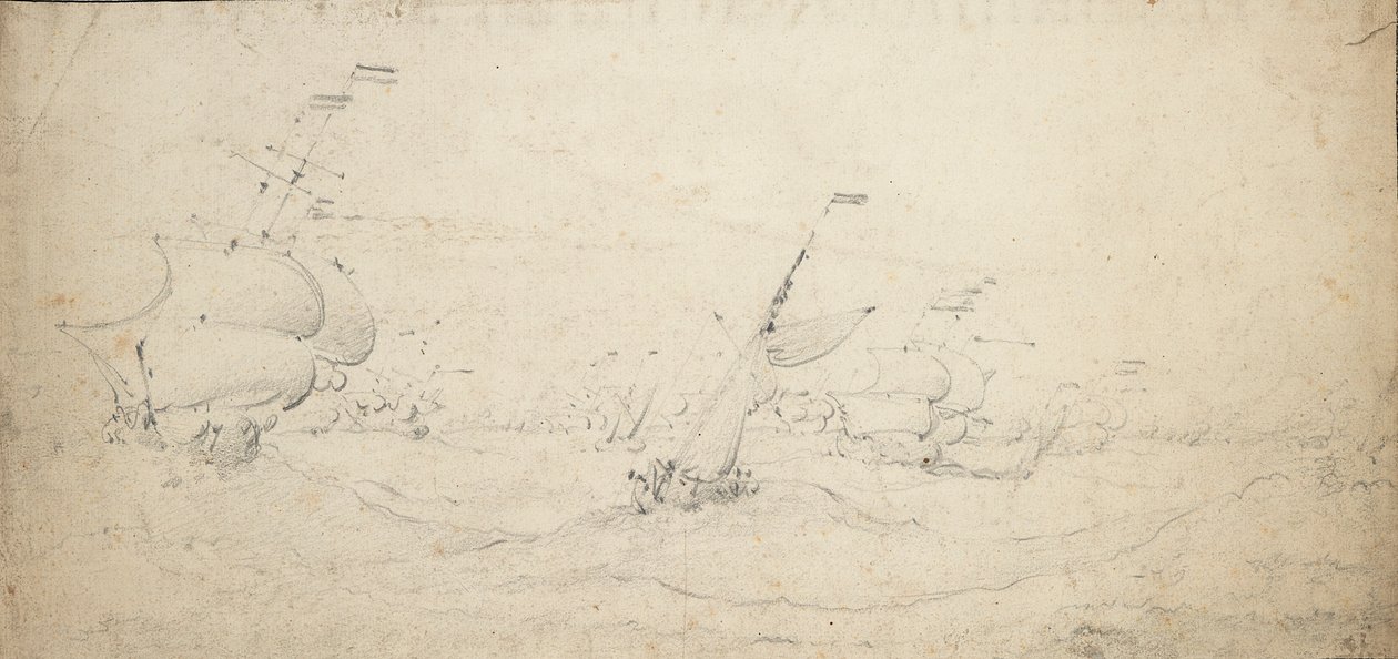 Egy holland hátsó hajóraj szél felé halad a viharos tengeren, 1672 körül (grafit) alkotó: Willem van de the Elder Velde