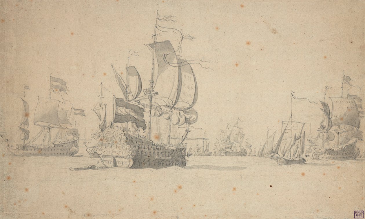 Egy holland hajóraj csatasorba állása, 1672 májusában, 1672 körül (ceruza, mosás) alkotó: Willem van de the Elder Velde