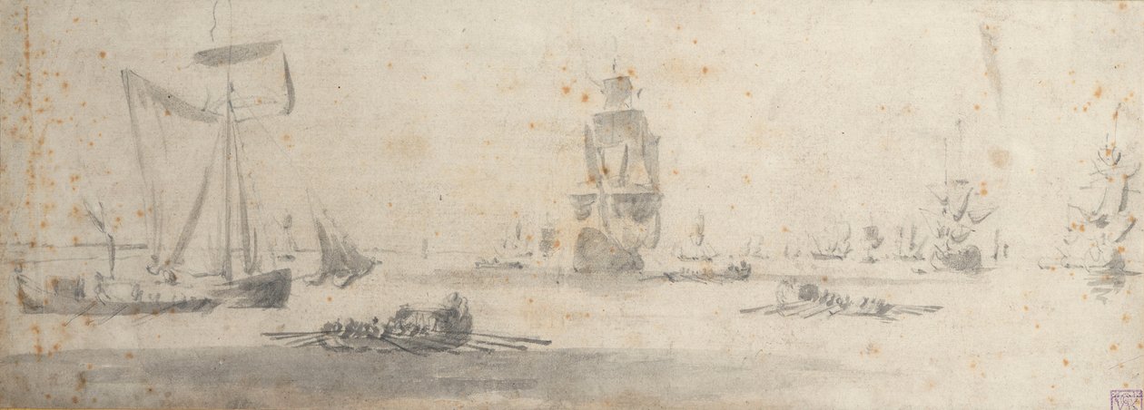 Egy gálya könnyű levegőben és több bárka, 1681 körül (grafit, szürke mosás) alkotó: Willem van de the Elder Velde