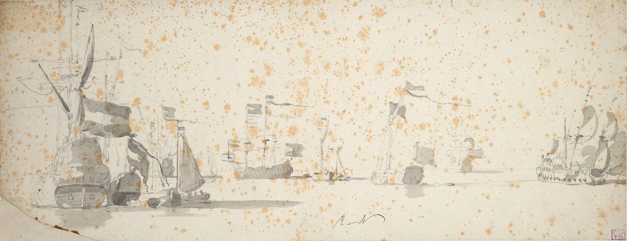 Állami jacht és holland hajók horgonyon, 1664 körül (grafit, szürke mosás) alkotó: Willem van de the Elder Velde