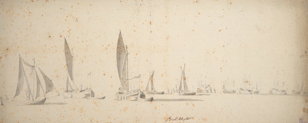 Huzatos csónak, wijdschips és waterschips enyhe szélben, 1664 körül (grafit, szürke mosás) alkotó: Willem van de the Elder Velde