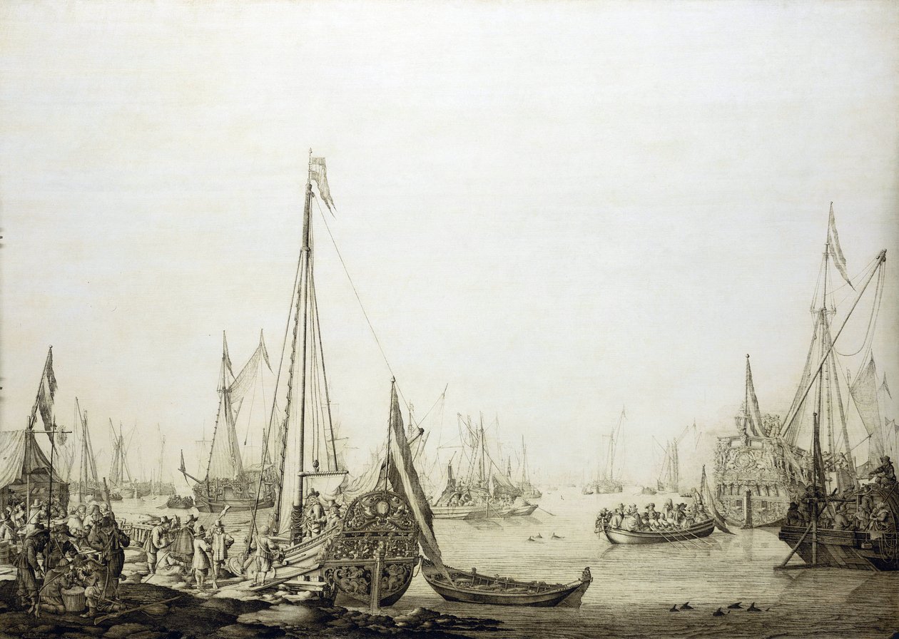 A zsúfolt kikötőben lévő hajók sokasága, ez a festmény történelmileg II. Károly angol király (1630-1685) 1660-as hágai (hollandiai) útjához kapcsolódik, az angol trónon való hatalmának helyreállítása során. alkotó: Willem van de the Elder Velde