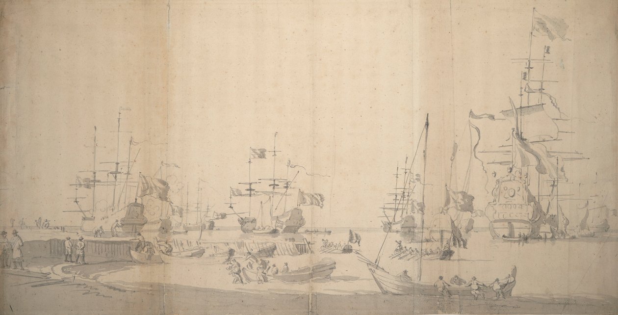 Egy weyschuit partra vontatása egy zsúfolt kikötőben, 1672 körül (grafit) alkotó: Willem van de the Elder Velde
