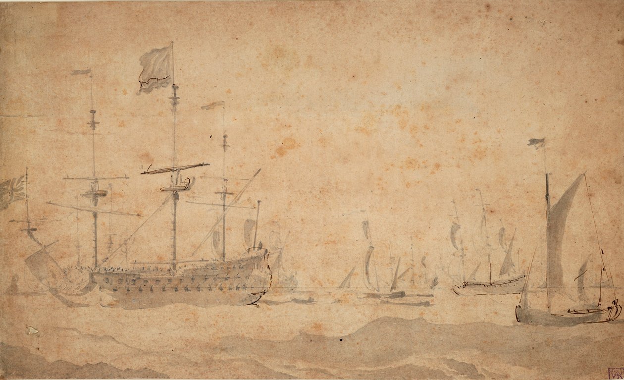 Angol zászlóshajó horgonyon, valószínűleg 1673 júniusában, 1673 körül (szürke mosás) alkotó: Willem van de the Elder Velde