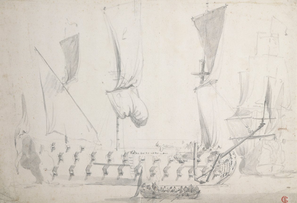 Egy angol negyedosztályú könnyű levegőben, 1681 körül (grafit, szürke mosás) alkotó: Willem van de the Elder Velde