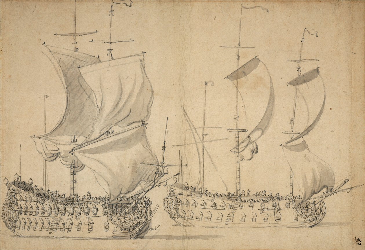 Egy angol harmadosztályú és negyedosztályú hajó könnyű vitorla alatt, 1677 körül (ceruza, mosás) alkotó: Willem van de the Elder Velde
