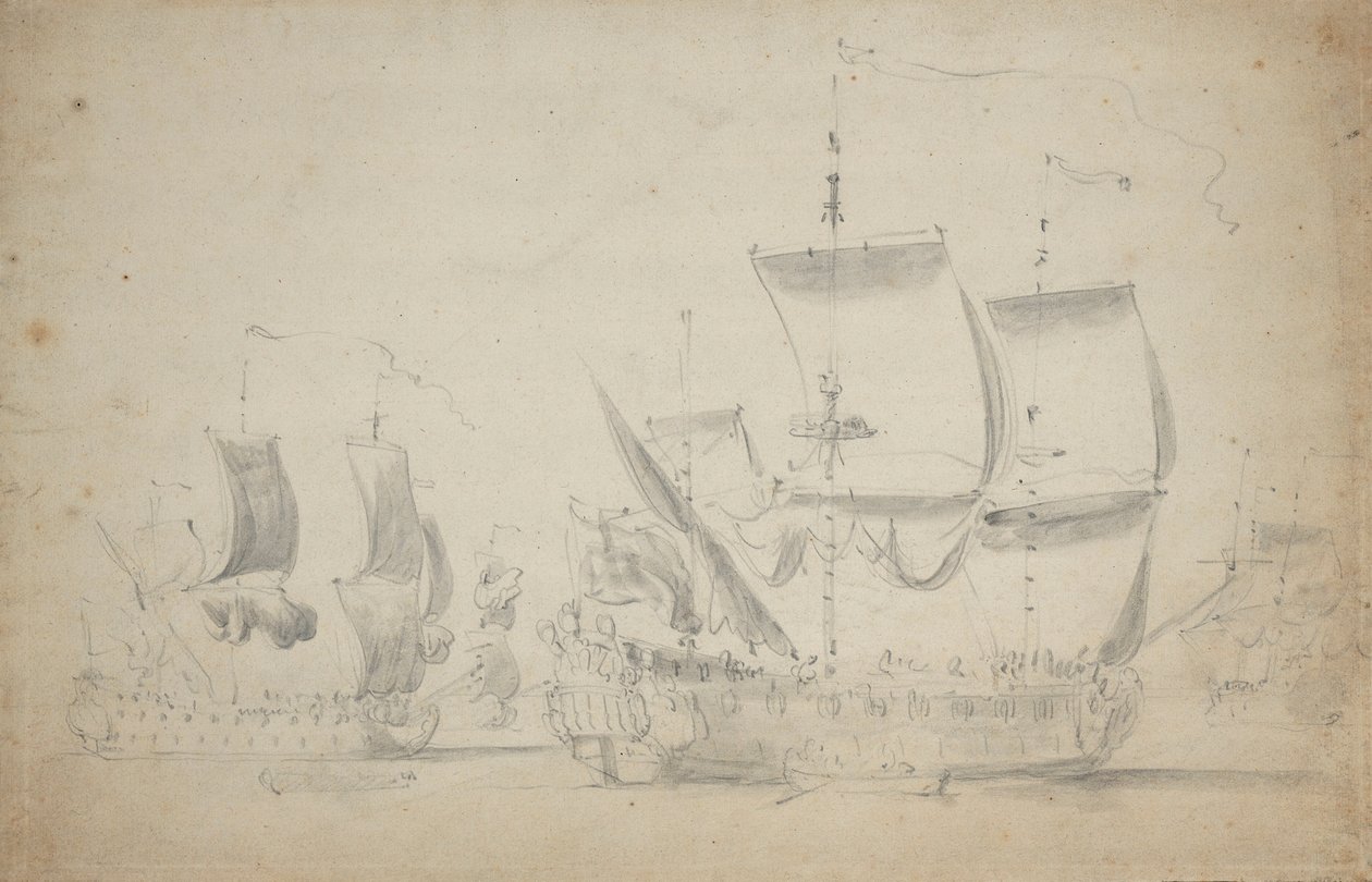 Egy angol kétfedelű hajó könnyű vitorlák alatt, 1675 körül (ceruza, mosás) alkotó: Willem van de the Elder Velde