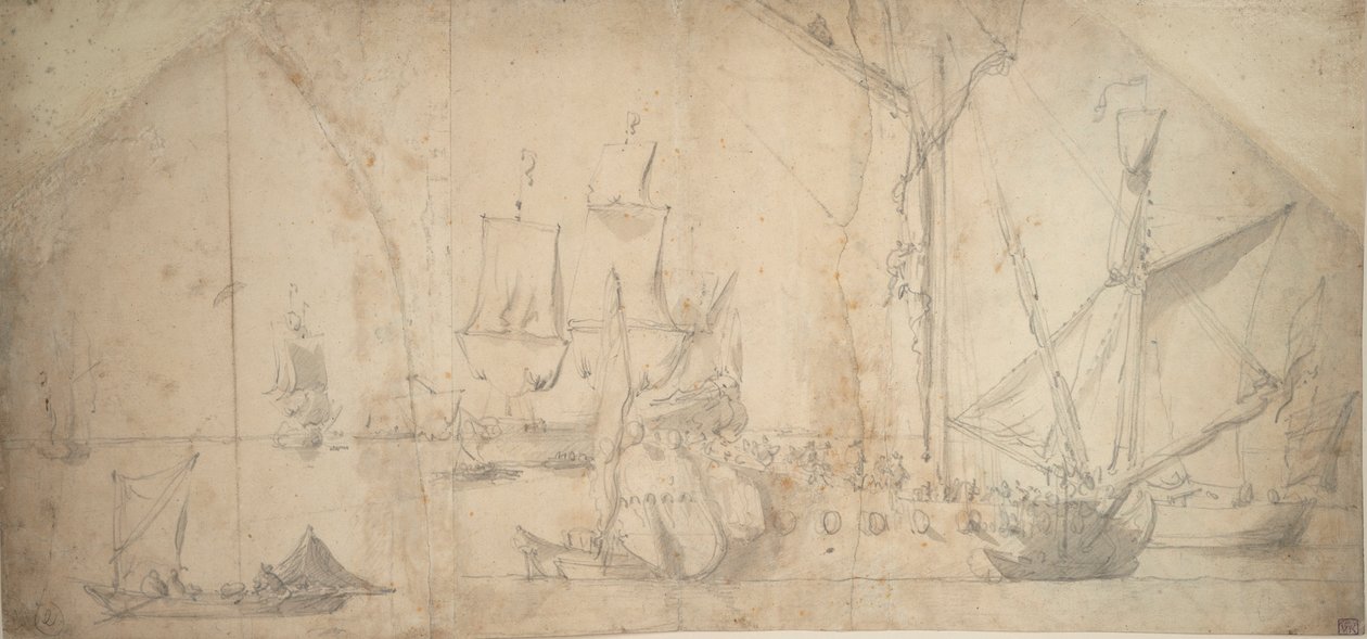 Egy angol jacht horgonyon, vitorlát bontva alkotó: Willem van de the Elder Velde