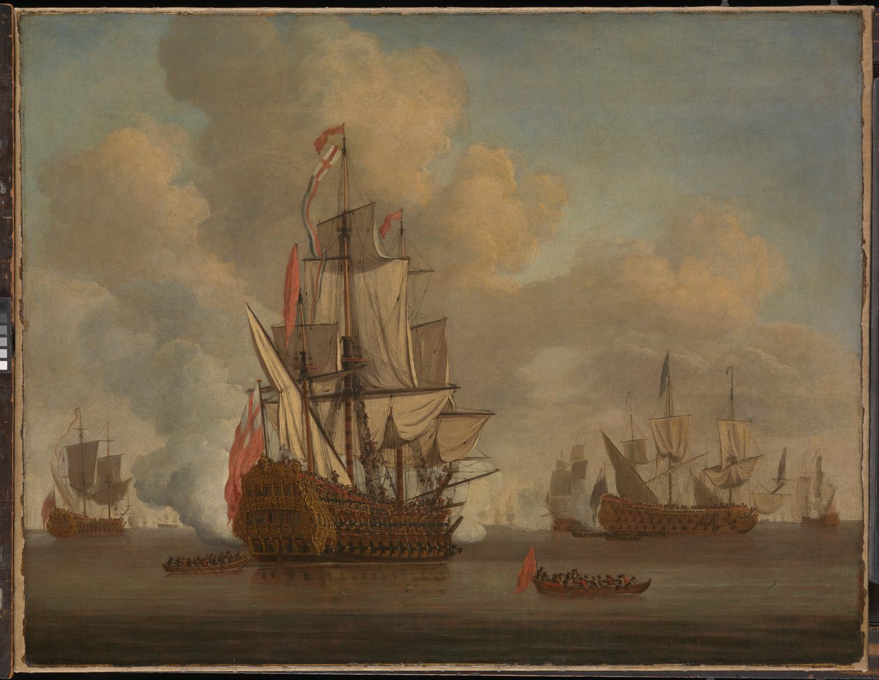 Nyugalom: egy angol kétfedelű vitorlájú, felhúzott vitorlákkal tisztelegve. alkotó: Willem van de the Elder Velde