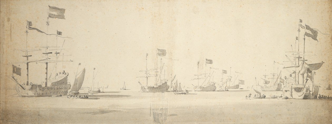 Horgonyzó holland zászlóshajók hajókkal a parton, 1664 körül (grafit, szürke mosás) alkotó: Willem van de the Elder Velde