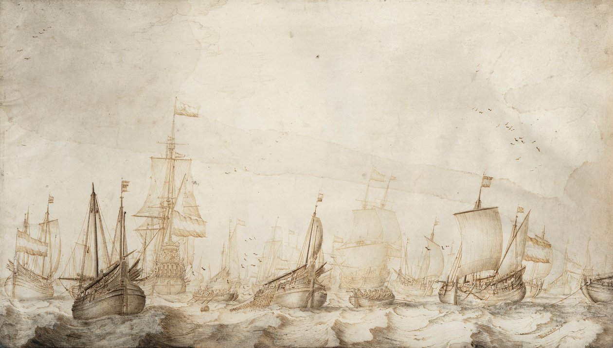 Holland heringhalászhajók az Északi-tengeren. William van de Velde az idősebb (1611-1693 körül) tinta- és tusrajza (27,4x47,6 cm), 1650 körül. alkotó: Willem van de the Elder Velde