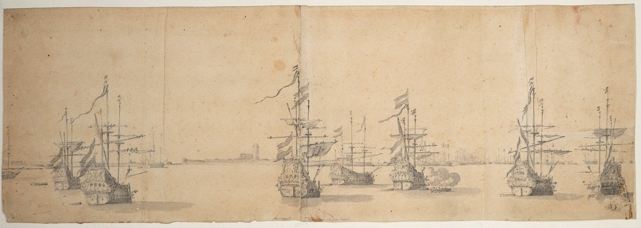 Holland hajók horgonyoznak egy alacsony parton, 1658 körül (grafit, szürke mosás) alkotó: Willem van de the Elder Velde