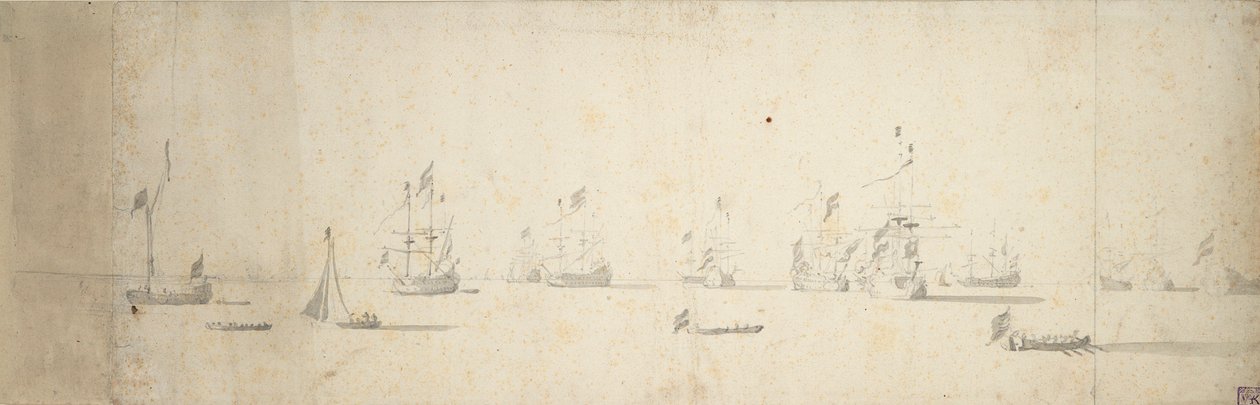 Holland hajók horgonyoznak a szárazföldön, 1664 körül (grafit, szürke mosás) alkotó: Willem van de the Elder Velde