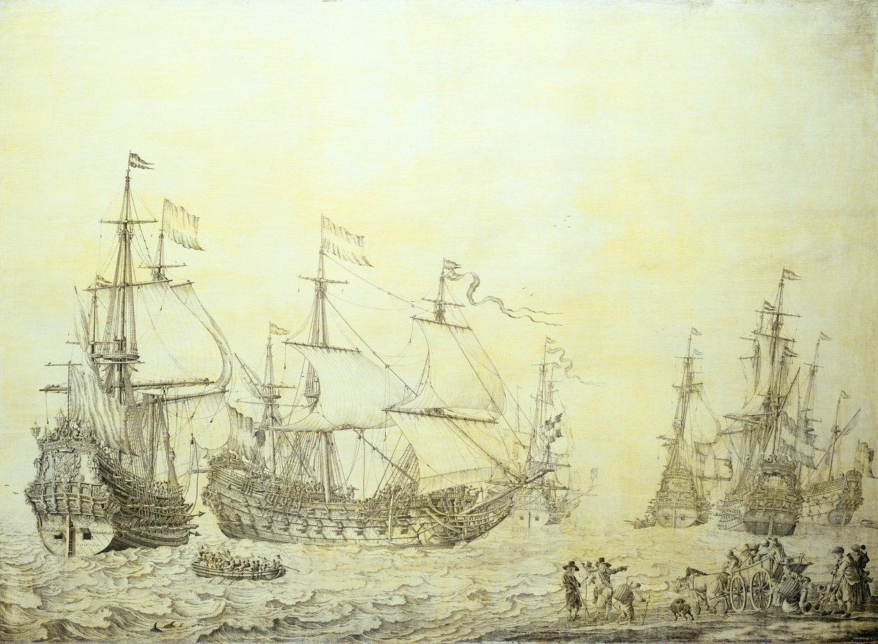 Holland hajók horgonyt vetnek a part közelében alkotó: Willem van de the Elder Velde