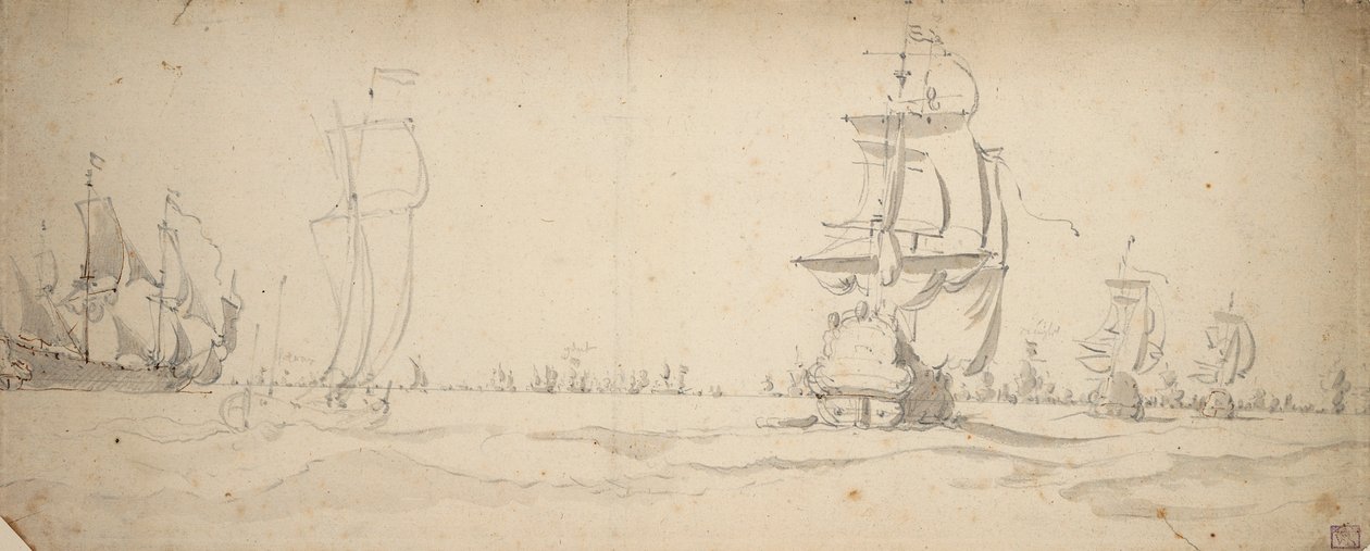 Holland hajók futnak lefelé a főflotta felé, May 1672, 1672 körül (grafit, szürke mosás) alkotó: Willem van de the Elder Velde