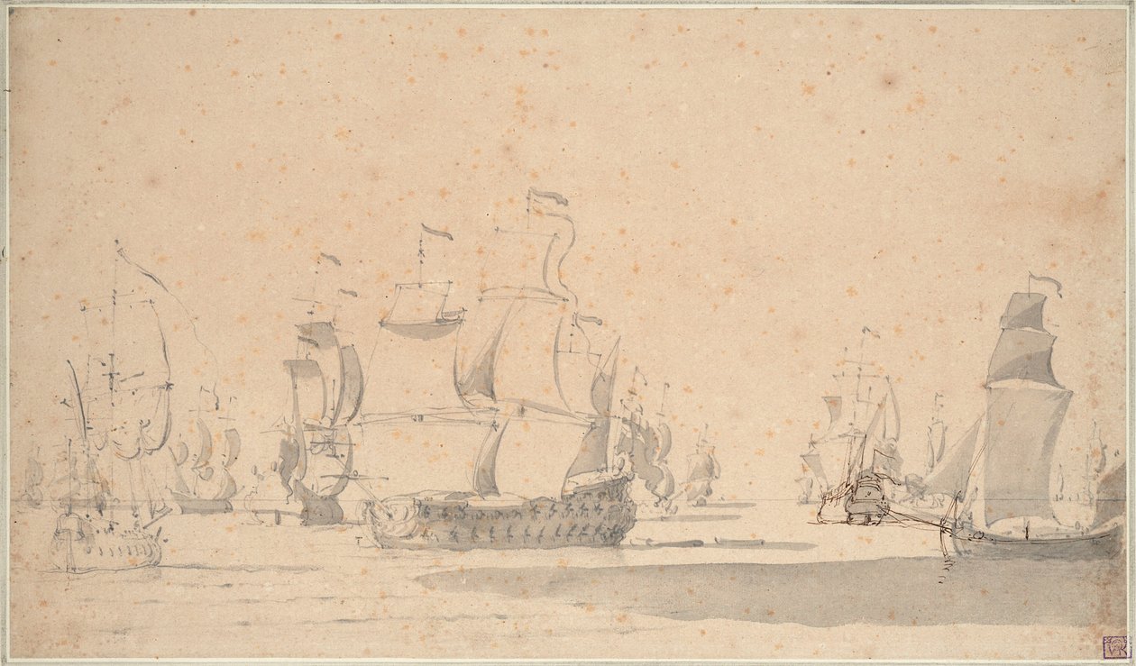 Angol hajók, egy ketch és egy galliot könnyű szélben, 1673 júniusában, 1673 körül (ceruza, mosás, toll, barna tus) alkotó: Willem van de the Elder Velde